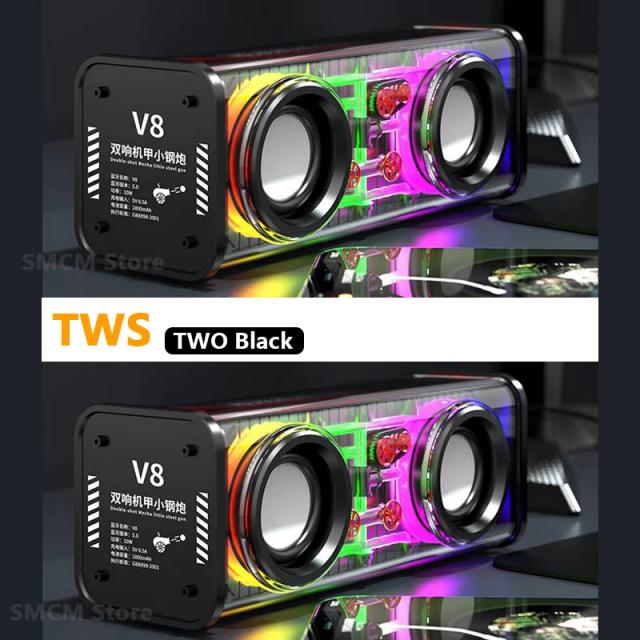 Mecha V8 Transparente: Alto-Falante Bluetooth Sem Fio com Luzes em Ritmo, Subwoofer Estéreo e Chamada Mãos-Livres Cyberpunk