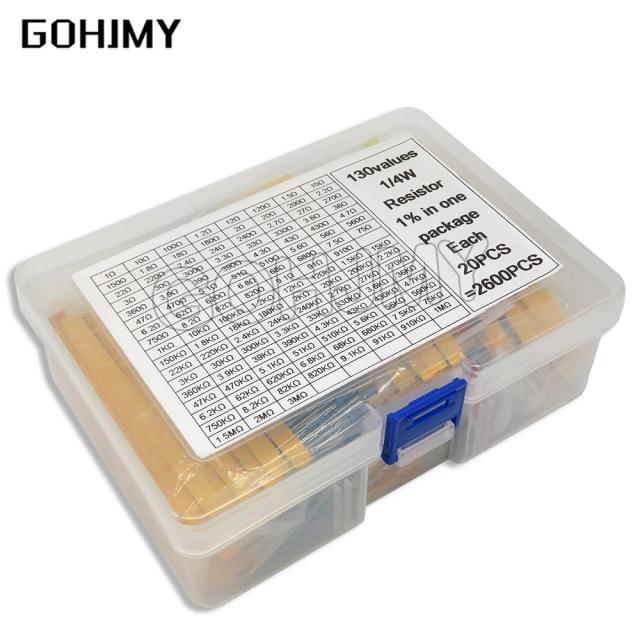 Kit Variado de Resistores de Filme Metálico - 130 Valores, 0.25W a 4W, Precisão de 1%, 2600 Peças