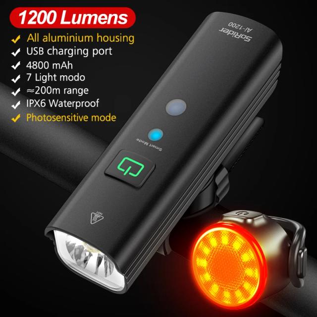 Conjunto de Luzes Recarregáveis LED para Bicicleta - Farol e Lanterna Traseira USB 1200LM com Bateria 4800mAh para Estrada e MTB
