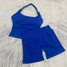 Feminino alto estiramento halter topo sutiã esportivo shorts conjunto ginásio treino yoga fitness confortável ativo wear impacto roupa de fitness - Image 5