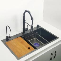 304 aço inoxidável Single Nano Kitchen Sink, Lavatório com tábua de cortar, Acima do monte, Preto fosco - Image 2
