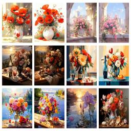 Sdoyuno kit de pintura por número vaso flor arte a óleo diy artesanato kit pintura tintas acrílicas moderna arte da parede marcadores cor decoração do quarto - Image 1