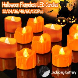 12-120 pçs halloween flameless led velas laranja chá luz velas alimentadas por bateria para outono festa de aniversário casamento decoração de casa - Image 1