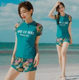 Camisa de natação feminina de manga curta Rash Guard com boyshorts, tops e bottoms acolchoados, roupas de banho com proteção solar, camisa de natação para meninas - Image 5