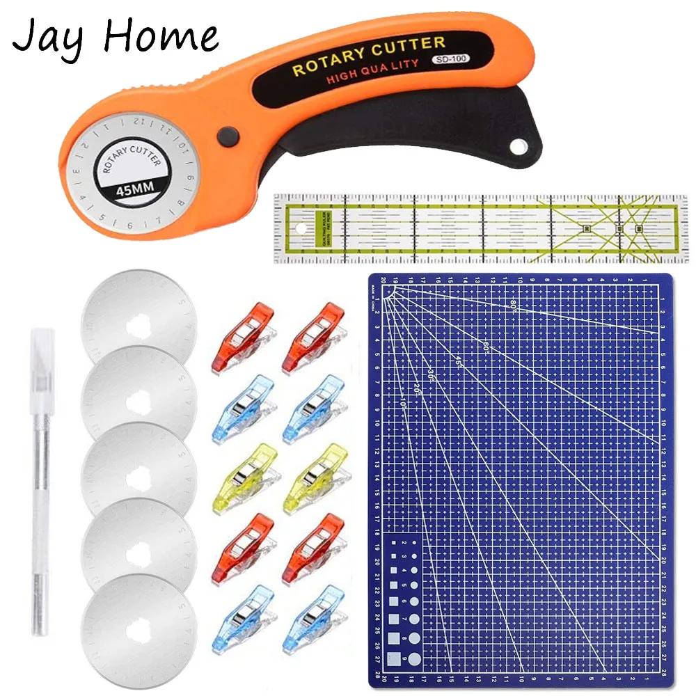 15 pçs 45mm kit cortador rotativo & tapete de corte & retalhos régua & costura clipes para panos tecido couro diy artesanato costura - Image 1