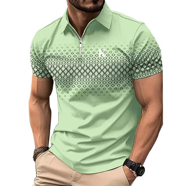 Camisa Polo Casual Masculina de Manga Curta com Impressão Digital 3D e Zíper para Moda Golfe e Uso Empresarial no Verão