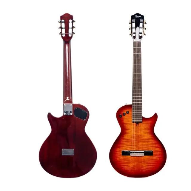 Guitarra Elétrica Portátil Sunset Flame Maple com Efeitos Embutidos e Corda de Nylon para Viagens de Alta Qualidade