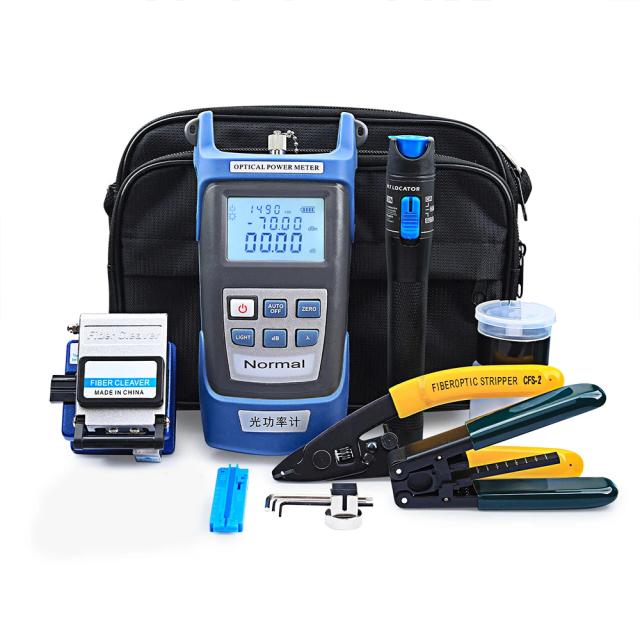 Kit Completo de Ferramentas para Instalação de Fibra Óptica FTTH com Cleaver, Stripper de Três Portas e Testador VFL de 10mw - AUA-7S com 13 Peças