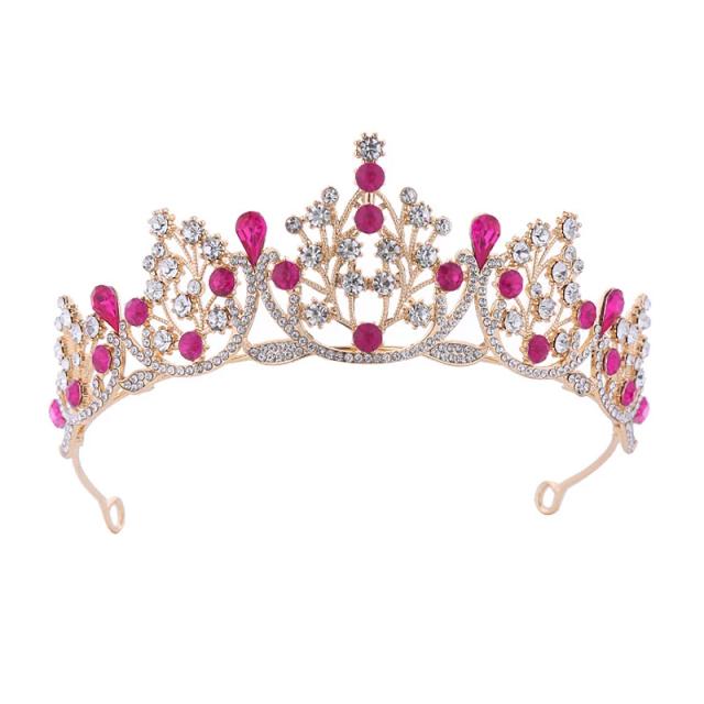 Rosa Quente Roxo Luxo Cristal Casamento Diadema Princesa Aniversário Tiara Headbands para Mulheres Coroa Noiva Acessórios de Cabelo 85g 14x6cm
