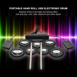 Bateria de Silicone portátil com baquetas e sustentar Pedal, rolo de mão, USB, dobrável, música, Pad, eletrônico, prática - Image 5