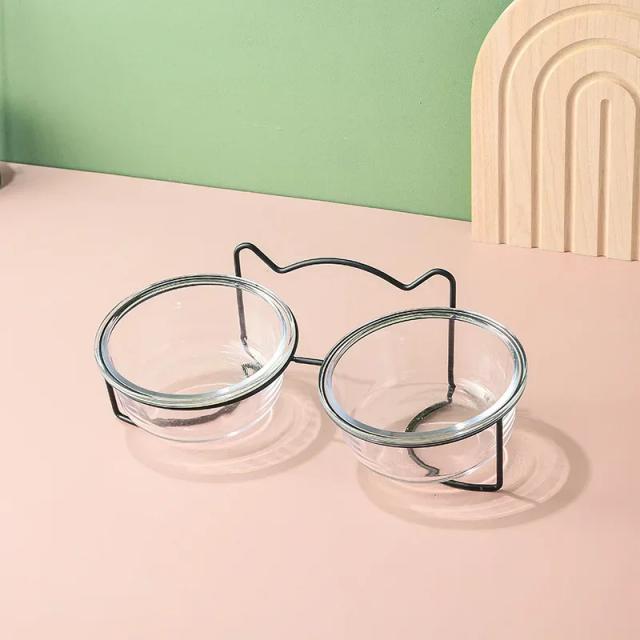 Suporte Elevado Transparente para Alimentação de Animais de Estimação com Tigela de Vidro e Metal para Cachorros e Gatos