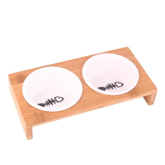 Animal de Estimação Cerâmico com Suporte de Bambu: Alimentador Bonito para Cães em Design Único, Dobro ou Triplo