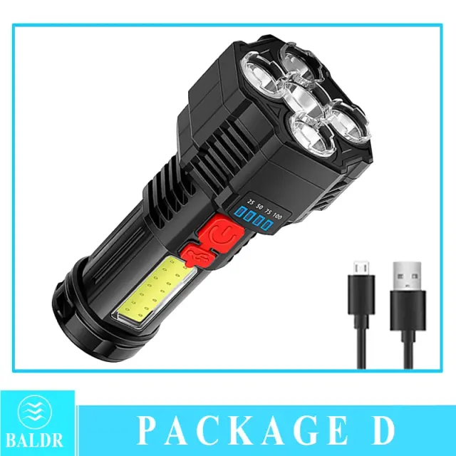 Lanterna LED Recarregável USB com Display de Poder, Luz Lateral Potente e Tocha Portátil para Uso ao Ar Livre, Modelo COB com 4-5 Núcleos