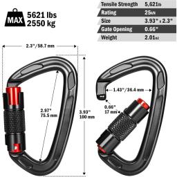 2 clipes de mosquetão de escalada com travamento automático em forma de D, trava de torção, mosquetões resistentes para rapel de rocha e montanhismo - Image 3