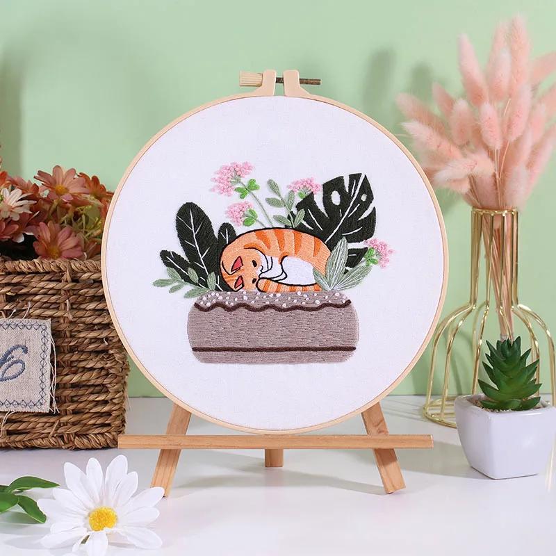 Bordado Starter Kit com Padrões e Instruções, DIY Adulto Iniciante, Ponto Cruz com Padrão de Planta, Gato - Image 1