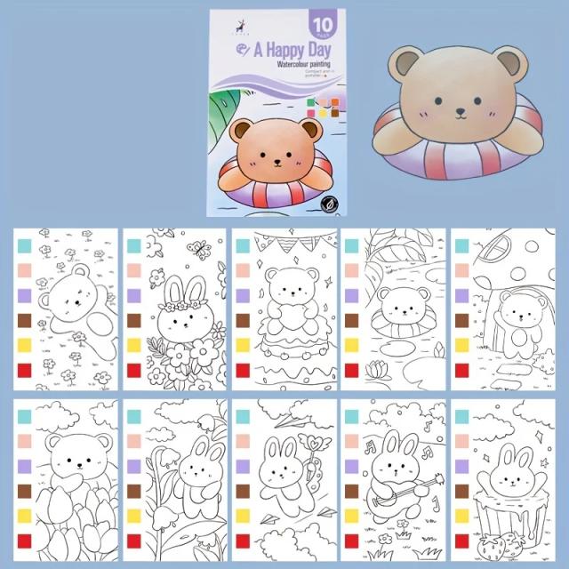 Livro de Pintura Aquarela com Caneta e Pó de Água - Kit Completo para Desenho e Coloração