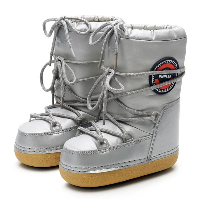 Botas de Neve Femininas 2024 Cano Médio Pelúcia Cadarço Plataforma Branco Neve