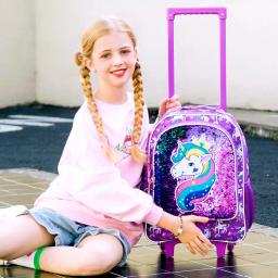 Mochila rolante para meninas e crianças, saco de rolo com lancheira, design de caneta padrão de unicórnio, função luminosa, 3 peças - Image 3