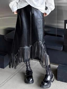 Cintura elástica franja saia preta na moda roupas femininas elegante cintura alta a linha saias de couro y2k 2025 verão novo - Image 1