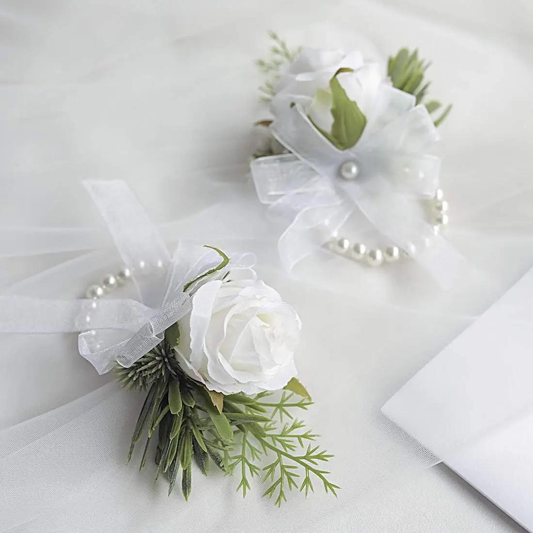 Marfim Rose pulso Corsage para homens, pulseira, boutonniere branco, acessórios flor do casamento, decorações de baile, banda, 2pcs - Image 1