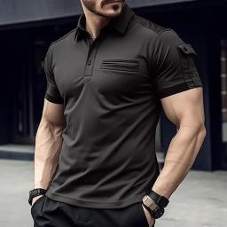 Polo de manga curta masculino, monocromático, lapela, botão, bolso, casual, rua, músculo, esporte, venda quente, verão, 2024 - Image 3