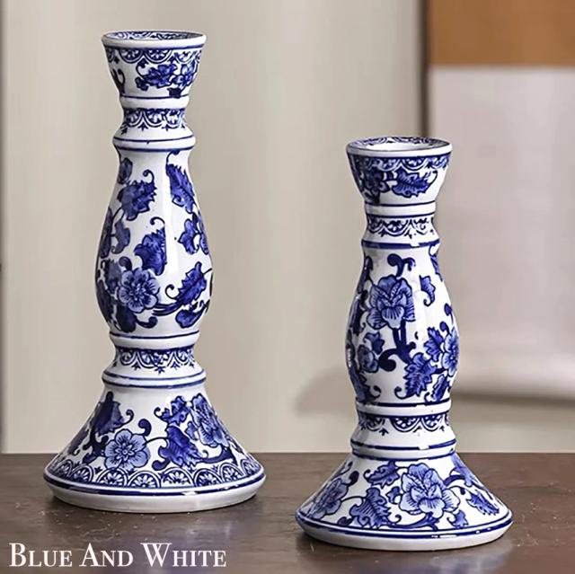 Castiçal Oriental de Porcelana Azul e Branca para Feng Shui - Conjunto com 2 Peças Decorativas para Velas Dendríticas