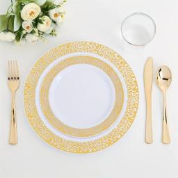 Conjunto de louça descartável dourado elegante, perfeito para festas e casamentos, inclui pratos e talheres, limpeza fácil, 100 pcs - Image 2