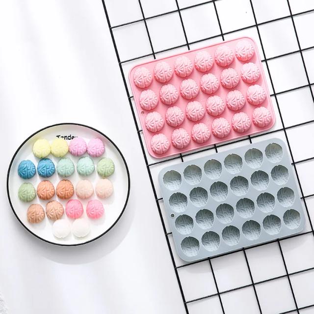 Molde de Silicone para Cozimento em Forma de Cérebro com 24 Cavidades para Bolos, Chocolates e Cubos de Gelo