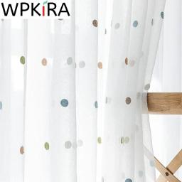Cortina de tule branco bordada com pontos coloridos para crianças, quarto, sala de estar, linho moderno, voile transparente, painel de tela de janela zh035h - Image 1