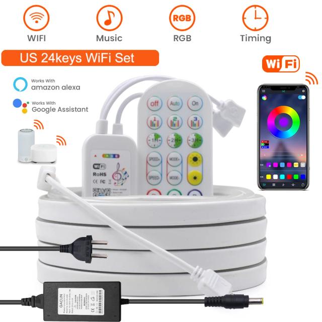 Fita LED Inteligente RGB Tuya com Controle Remoto e Sinal Neon - Tubo de Silicone, Conexão WiFi e Bluetooth, 24V, 3535, 108 LEDs, 1m