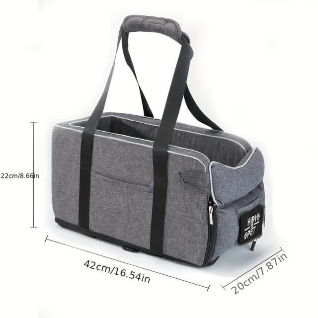 Assento impulsionador para carros com suporte para pets, ideal para viagens com cães e gatos, inclui bolsa para controle central.