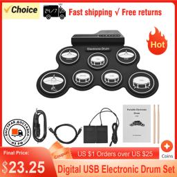 Conjunto de Bateria Eletrônica Digital, Tamanho Compacto USB, Bateria de Silicone Dobrável, Bateria 7-Pad, Kits de Bateria com Baquetas, Pedais - Image 1