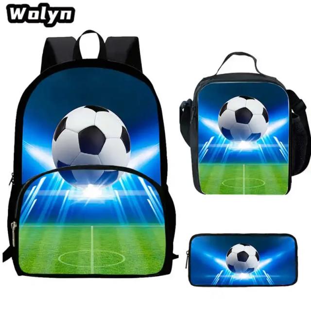 Conjunto de Mochila Escolar com Impressão 3D de Futebol: 3 Peças com Bolsa de Almoço e Estojo para Crianças do 1º ao 3º Ano
