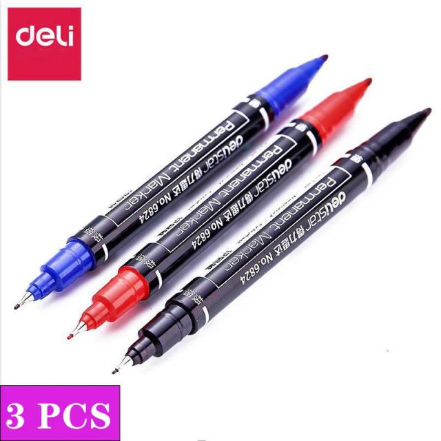 Conjunto de 3 Marcadores Permanentes de Ponta Dupla com Tinta de 0.5mm a 1mm para Papel, CD, Vidro e Tecido - Cores Preto, Azul e Vermelho