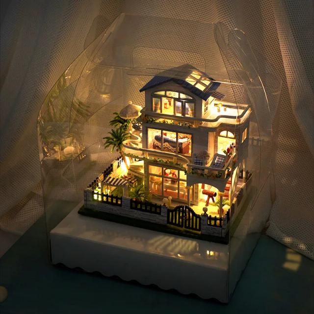 Kit Casa de Bonecas Miniatura de Madeira DIY com Móveis e Luzes