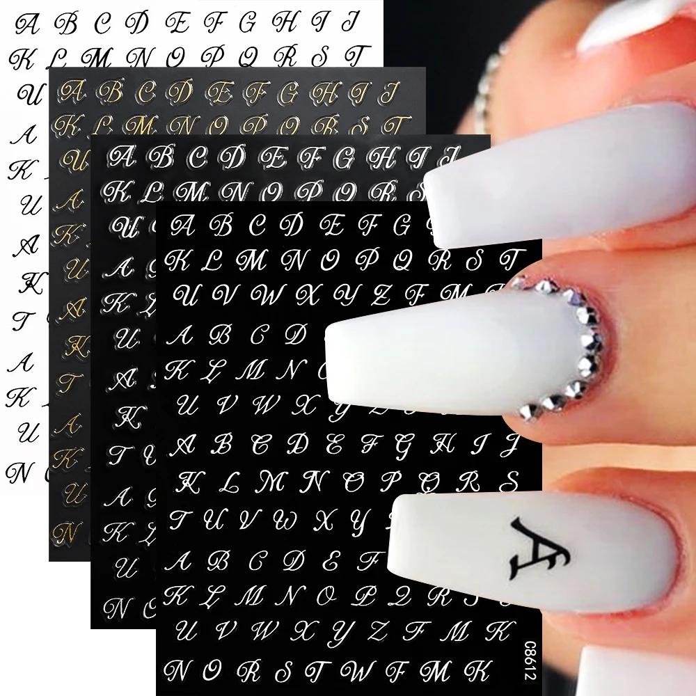 3d adesivos de unhas com design carta romana, manicure acessórios, ouro, prata, preto, branco, alfabeto, diy, diy, 4 folhas/set, nk x 4 - Image 1