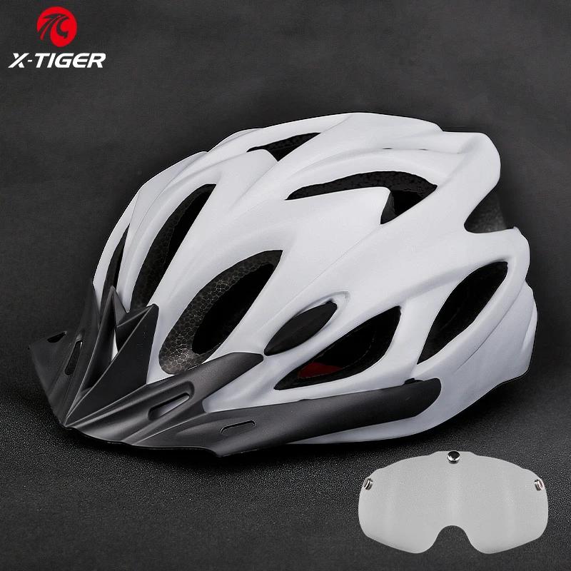 X-TIGER capacete de ciclismo integralmente moldado capacete de bicicleta luzes led mtb capacete de bicicleta ultraleve esportes seguro chapéu com óculos viseira - Image 1