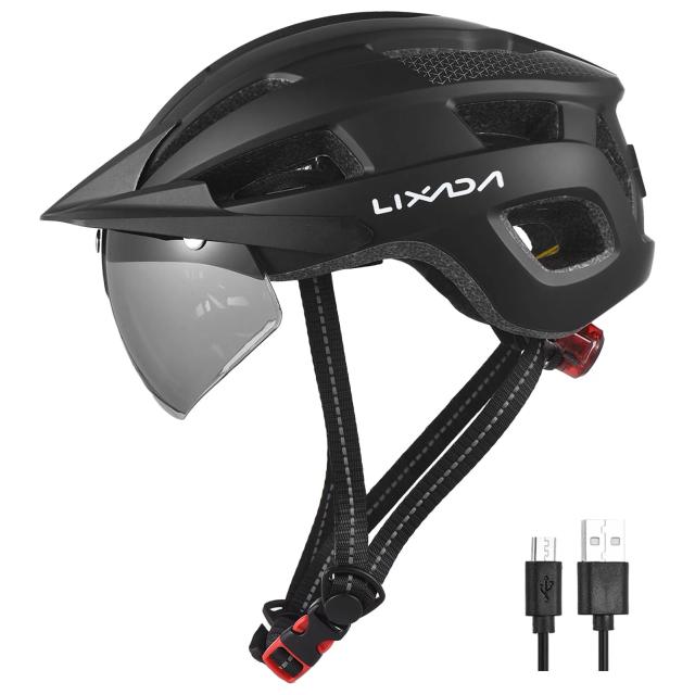 Capacete de Bicicleta Lixada com Pára-brisa, Viseira Solar e Luz Traseira Recarregável: Segurança e Conforto Ajustável