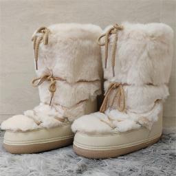 Botas de pele sintética para mulheres quentes e confortáveis botas de esqui 2025 inverno meio claf rendas plataforma impermeável botas de neve preto - Image 3