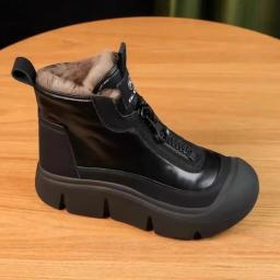 Plataforma feminina pele neve tornozelo botas apartamentos de couro curto pelúcia sapatos de algodão tendência moda tênis quente novo aconchegante mujer goth botas - Image 4