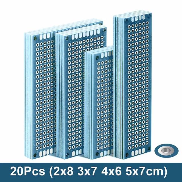 Conjunto de Placas de Prototipagem PCB em Diversos Tamanhos, 20 Peças Misturadas em Azul, Ideal para Projetos e Circuitos Eletrônicos