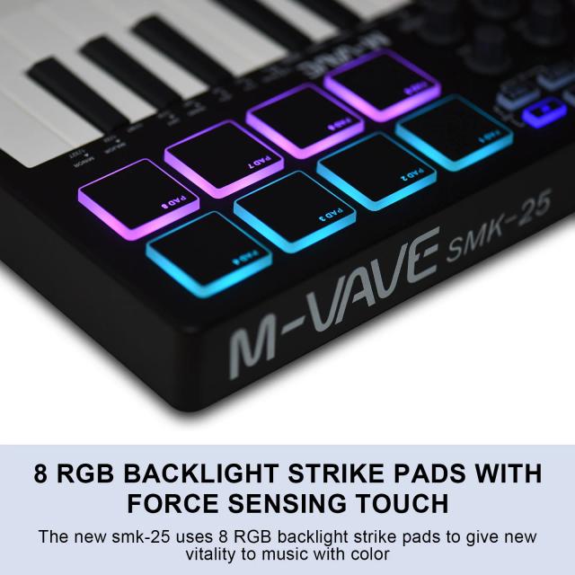 Teclado Portátil MIDI Control M-VAVE com 25 Teclas Sensíveis à Pressão, Conexão USB e 8 Almofadas RGB Retroiluminadas