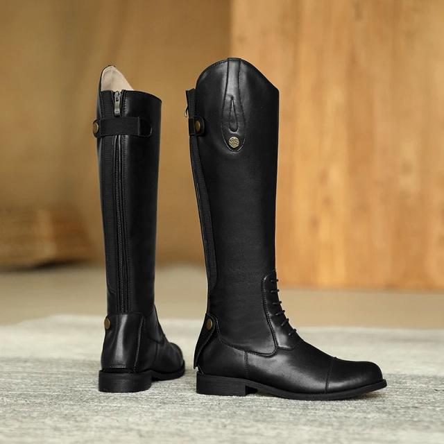 Botas Femininas de Couro Genuíno Longas para Equitação Outono Inverno