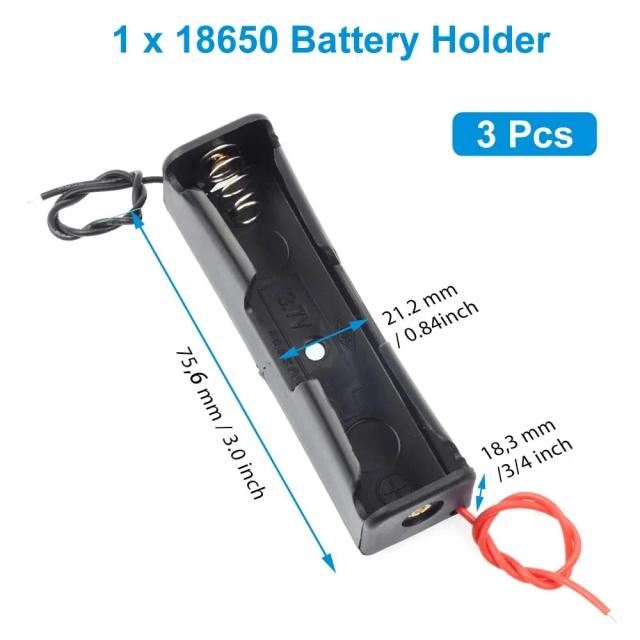 Caixa de Suporte para Baterias 18650 com 1 Slot e Fios Conectores Vermelho e Preto - Armazenamento em Plástico para 1 a 4 Células 3.7V