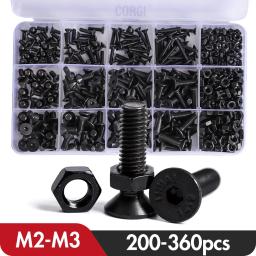 Soquete Cabeça Chata Parafuso Kit, Grau Preto 10,9 Porcas Sextavadas, Parafusos Esescareados, Conjunto De Variedade, M2, M2.5, M3, DIN7991, 200, 340, 360 Pcs - Image 1