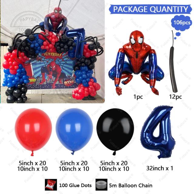 Kit de Arco de Balões Decorativos do Spider-Man para Crianças, Inclui 106 Balões de Látex Vermelhos e Azuis para Festas de Aniversário de Super-Heróis de 1 a 9 Anos