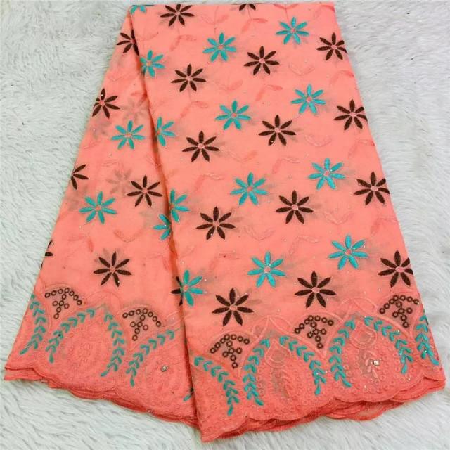 Tecido de Renda Africano Suíço com Contas - Bordado Pesado e Estilo Dubai, 100% Algodão, 5 Jardas