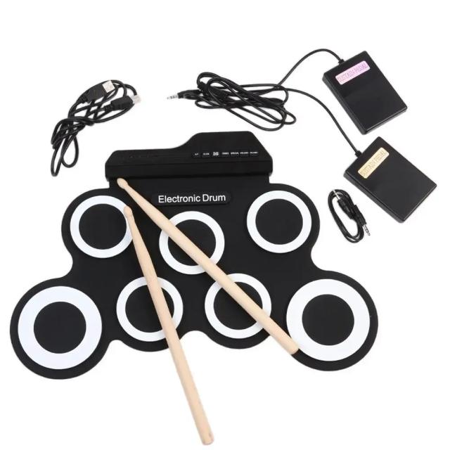 Kit Portátil de Bateria Eletrônica Dobrável com Baquetas, Pedal Sustain e 7 Pads USB
