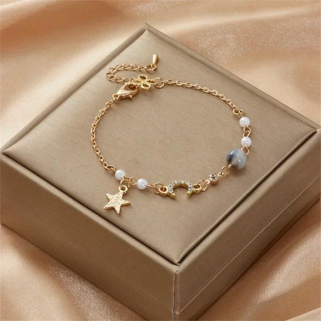 Meninas cor de ouro zircão estrela lua pérola pulseira simples geométrica moda feminina corrente pulseiras encantador elegante jóias presente