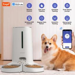 Alimentadores automáticos do gato com Wi-Fi, 2 gatos, 4L, distribuidor do alimento com controle do App, bacias de aço inoxidável dobro, baixos alarmes do alimento - Image 1